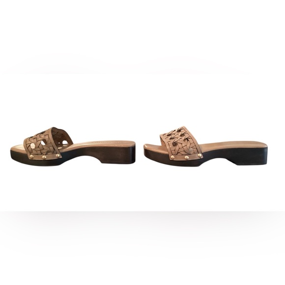 TORY BURCH Basket Weave Clog Wood Platform Slide Sandals Brown Leather SZ 7.5 - Picture 1 of 9